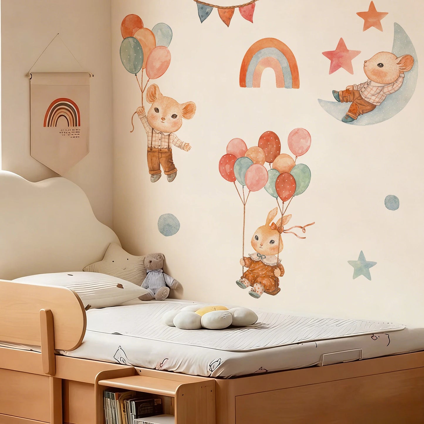 Watercolor animal wall decals for kids' room: bear, rabbit, moon, rainbow, and balloons.