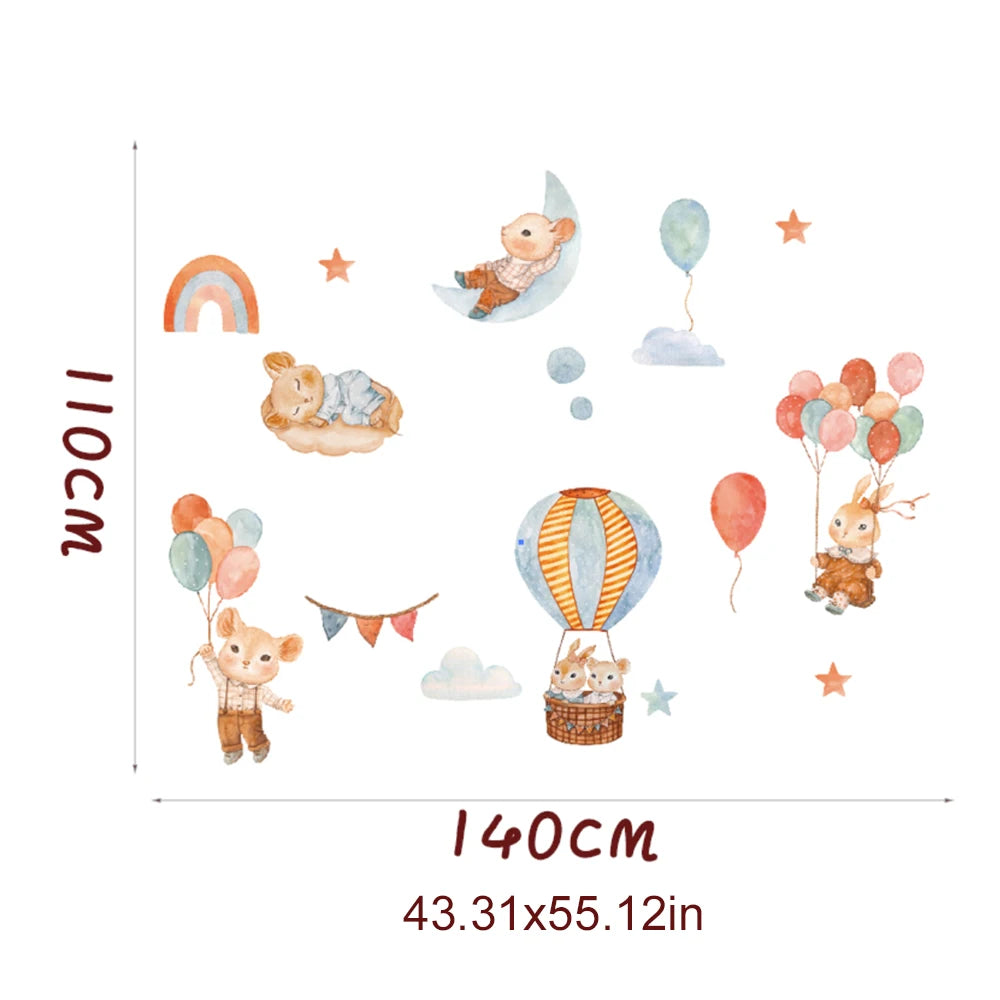 Watercolor cartoon animal wall decals for kids' room, featuring bears, bunnies, balloons, and rainbows.