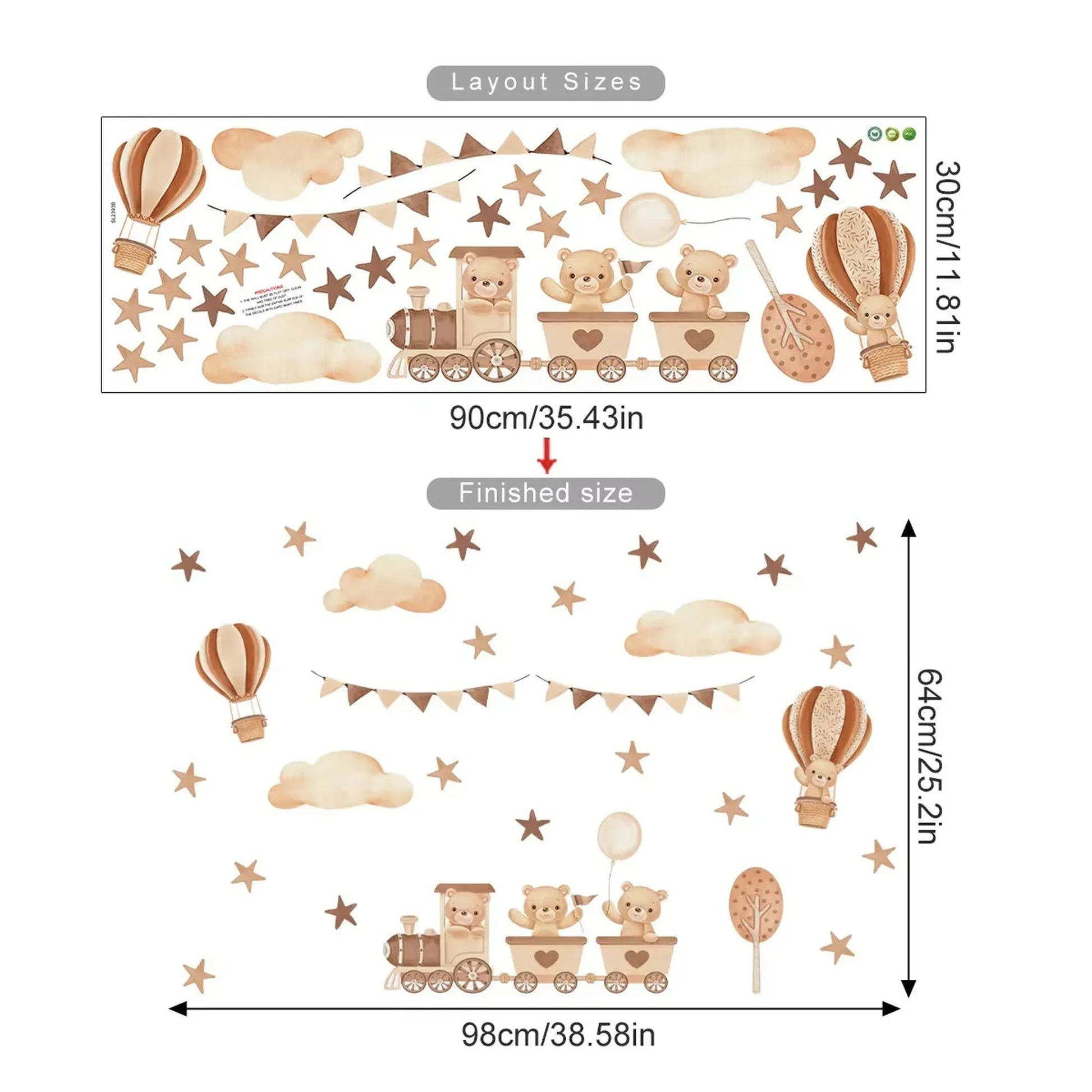 Bear and rabbit hot air balloon wall decals for kids' room, with train, stars, and clouds.