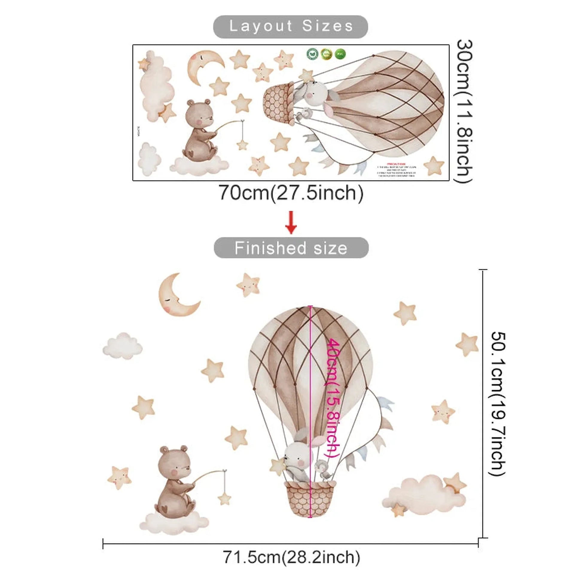 Watercolor bear and bunny hot air balloon wall decals with stars and moon, showing layout and finished sizes.