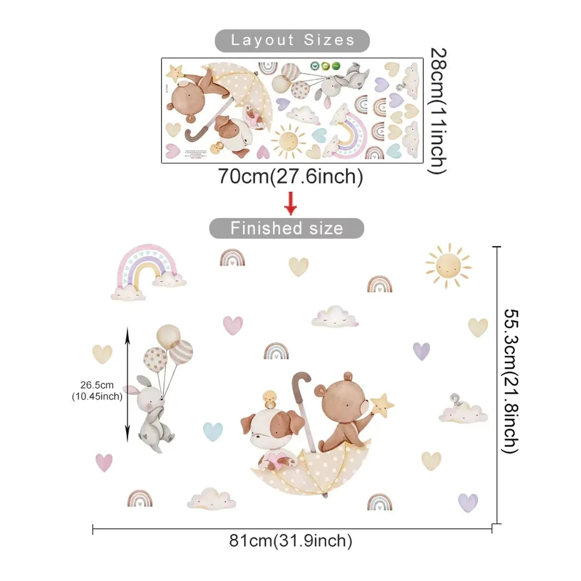 Cute bear and bunny hot air balloon wall decals with rainbows, clouds, and hearts for kids' rooms.