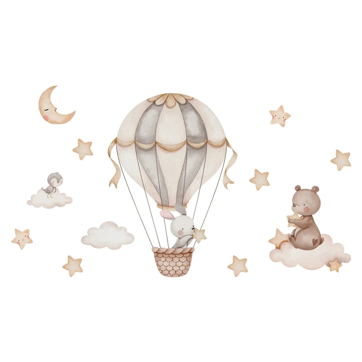 Watercolor wall decals with a bunny in a hot air balloon, a bear on a cloud, stars, moon, and clouds.