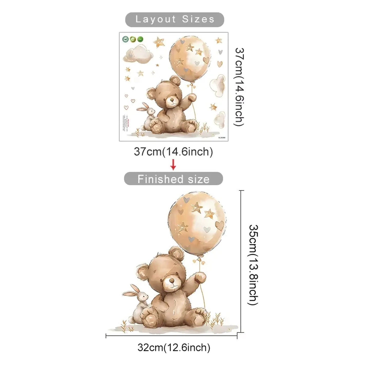 Cute bear and bunny hot air balloon wall decals for kids' room, with stars and clouds.
