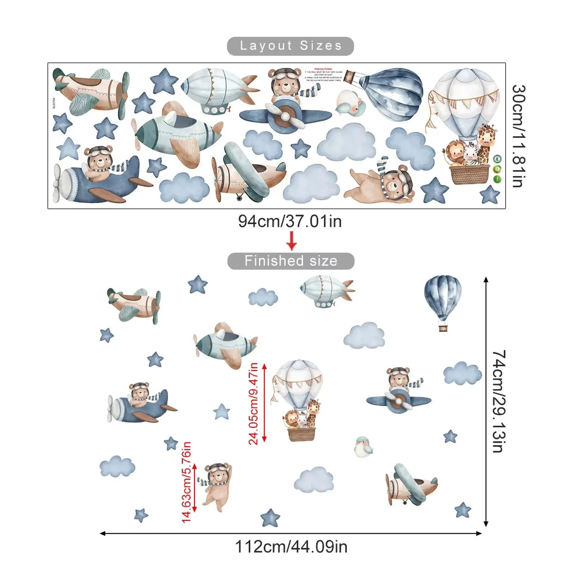 Watercolor bears and rabbits in hot air balloons and airplanes wall decals with blue clouds and stars.