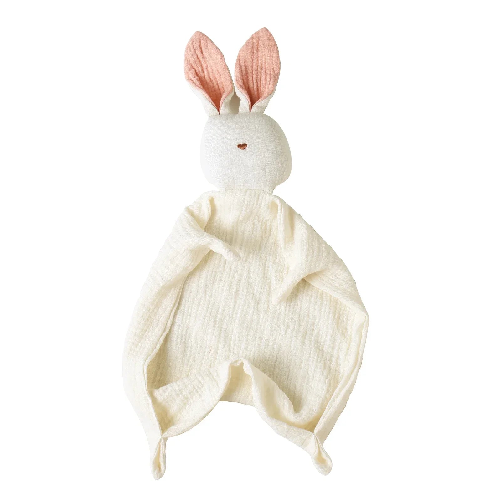 Soft white muslin baby comforter with pink-eared bunny head, a soothing security blanket.