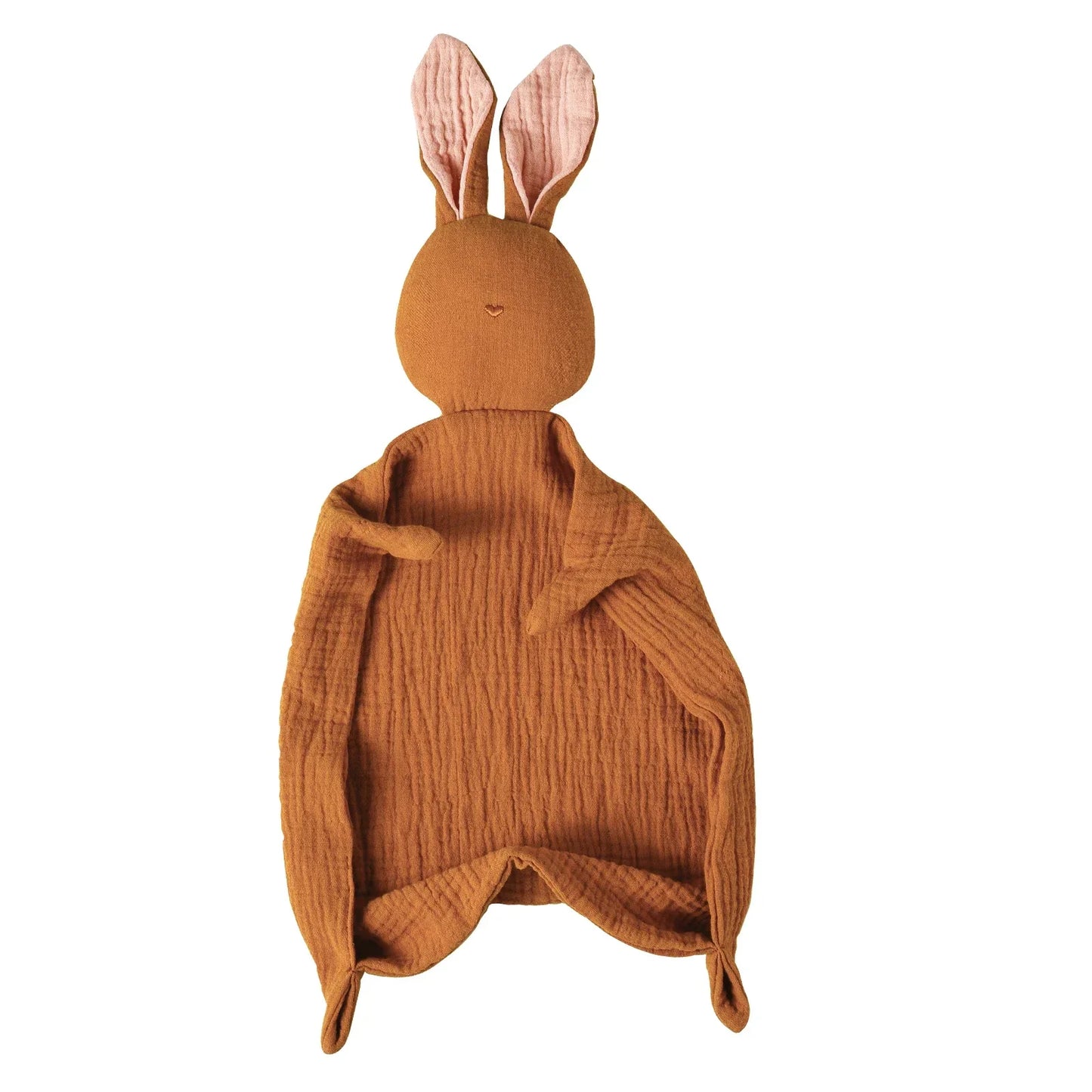 Soft brown muslin cotton baby comforter with cute bunny head and pink inner ears.