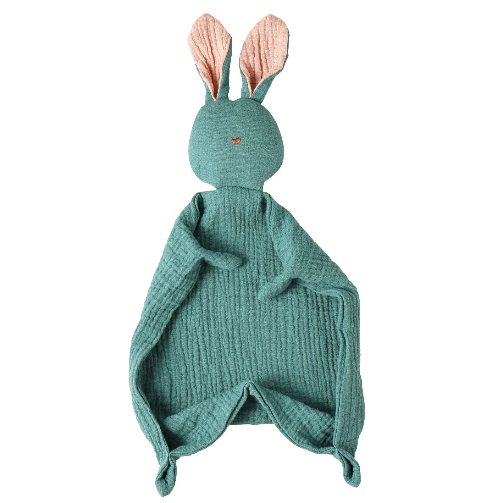 Soft teal muslin baby security blanket with a cute bunny head and pink inner ears.