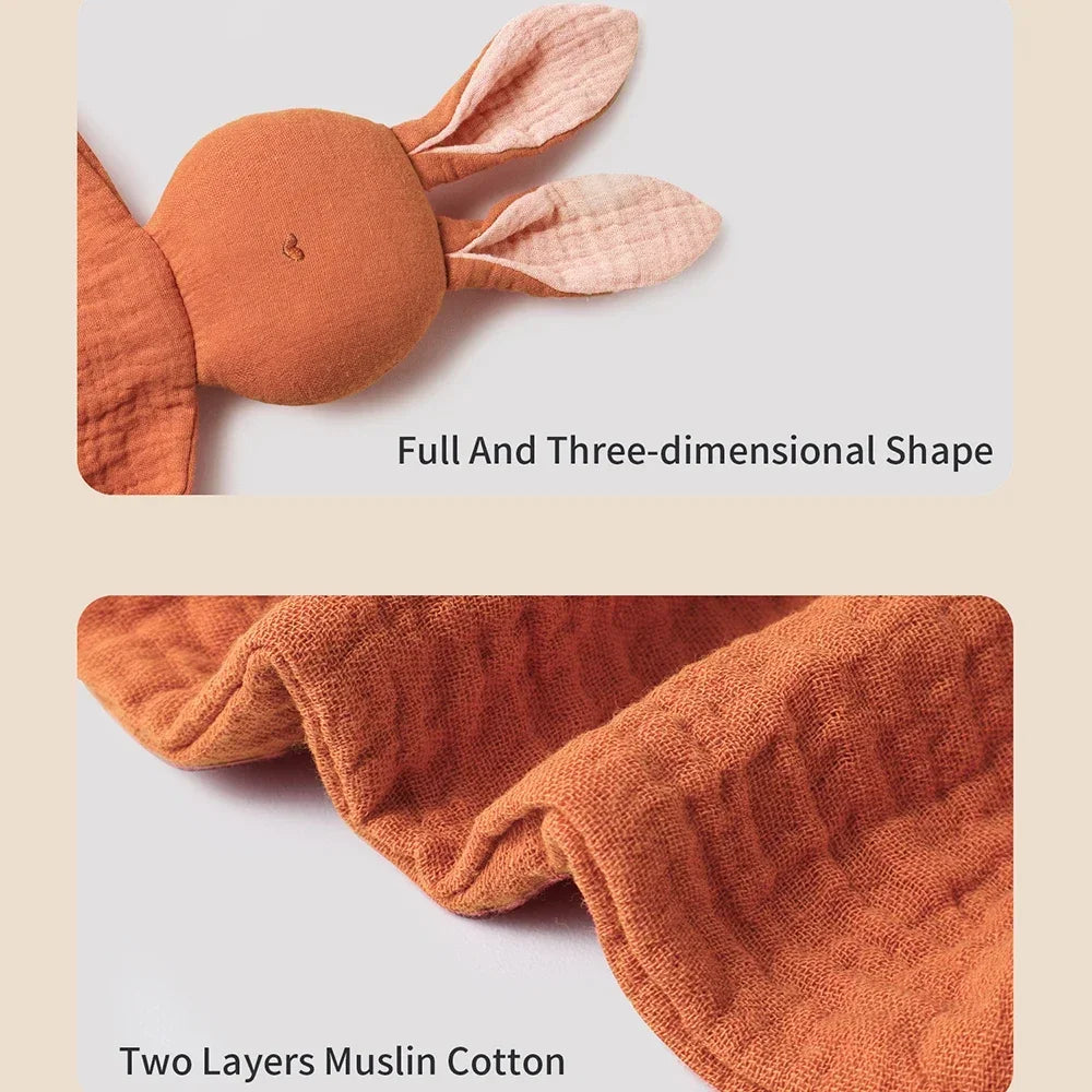 Orange muslin cotton baby security blanket with cute animal head and bunny ears.