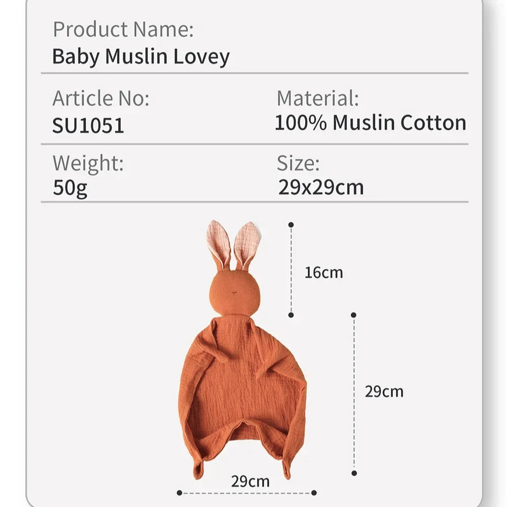 Orange muslin cotton baby lovey with a cute bunny head and long ears, 29x29cm.