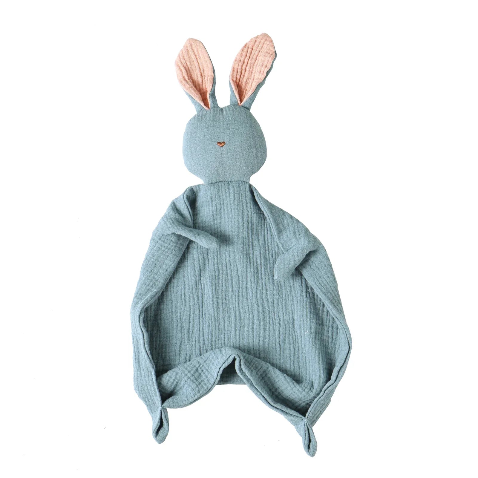 Soft blue muslin cotton baby security blanket with a cute bunny head and pink ears.