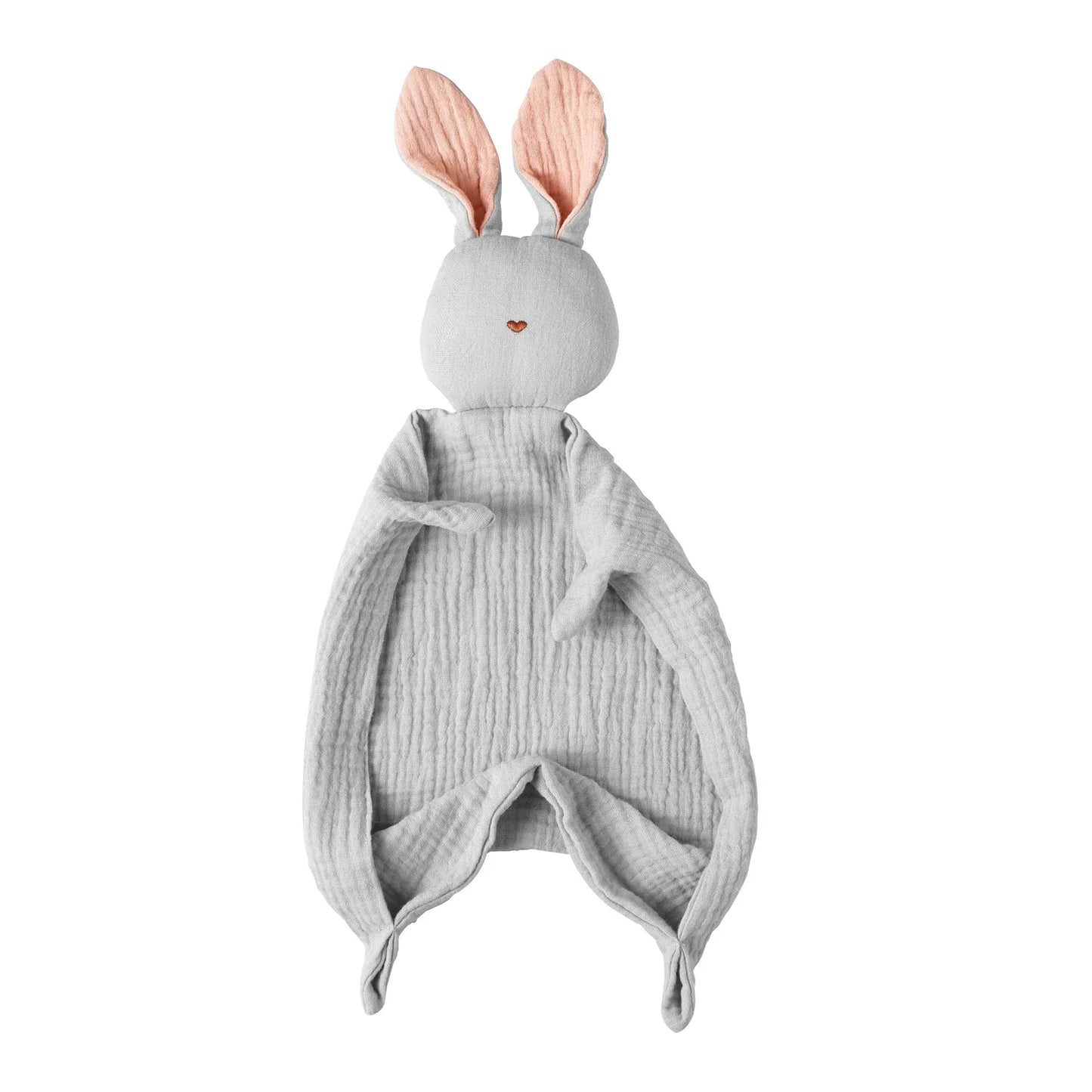 Soft grey muslin baby comforter with pink-eared bunny head, perfect for soothing.