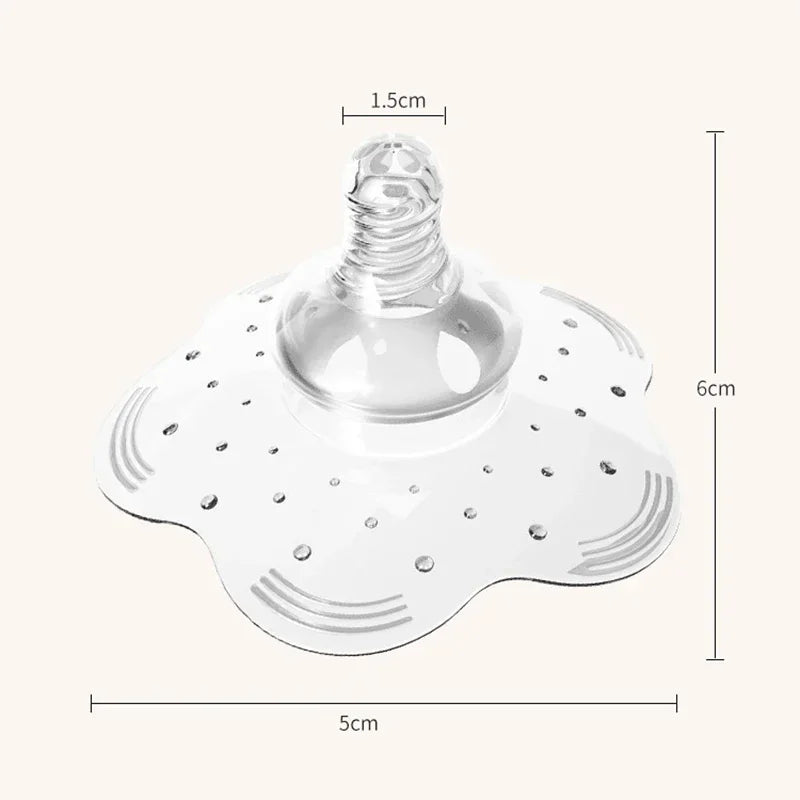 Clear silicone nipple shield with a flower-shaped base, featuring small holes and size measurements.