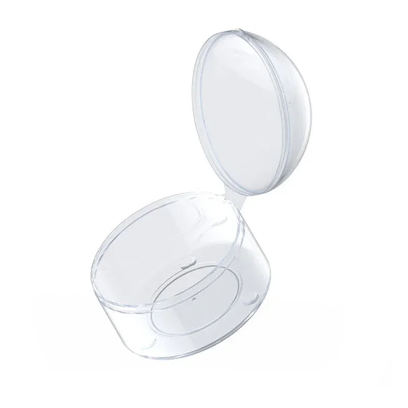 Clear silicone nipple shield in an open, protective case for comfortable breastfeeding.