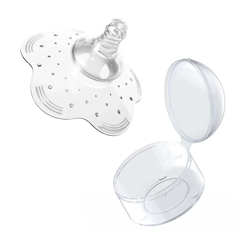 Clear silicone nipple shield with a wavy edge and small holes, alongside its transparent storage case.