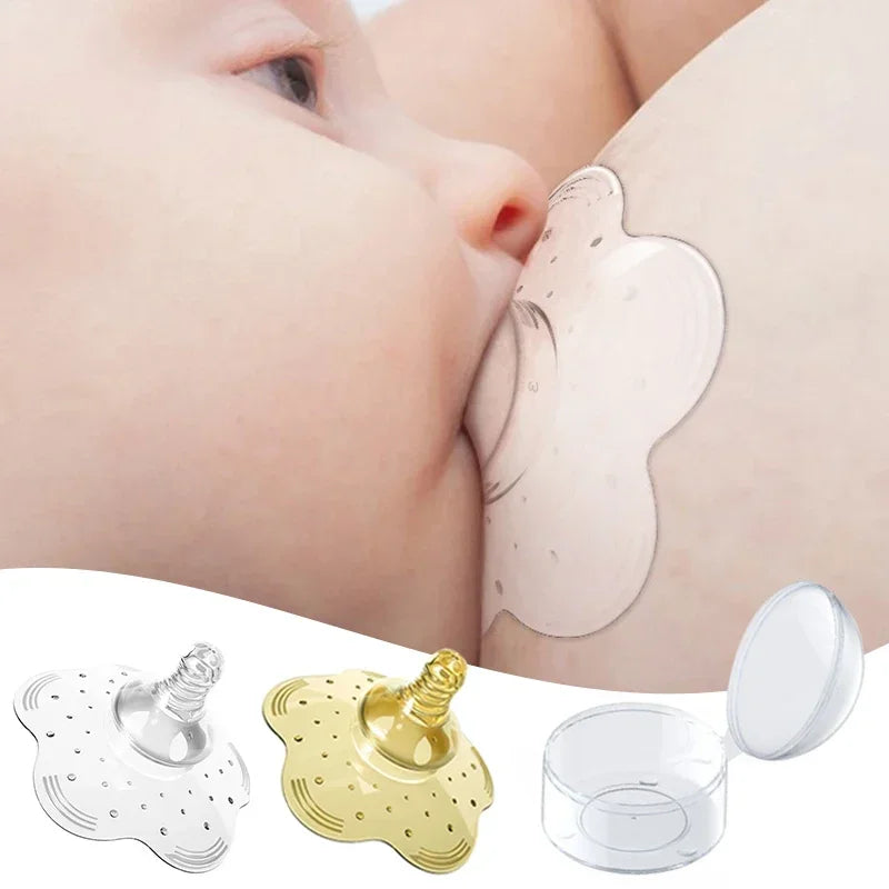Soft silicone nipple shield for comfortable breastfeeding, shown with a baby nursing and two shields (clear, gold) plus a case.