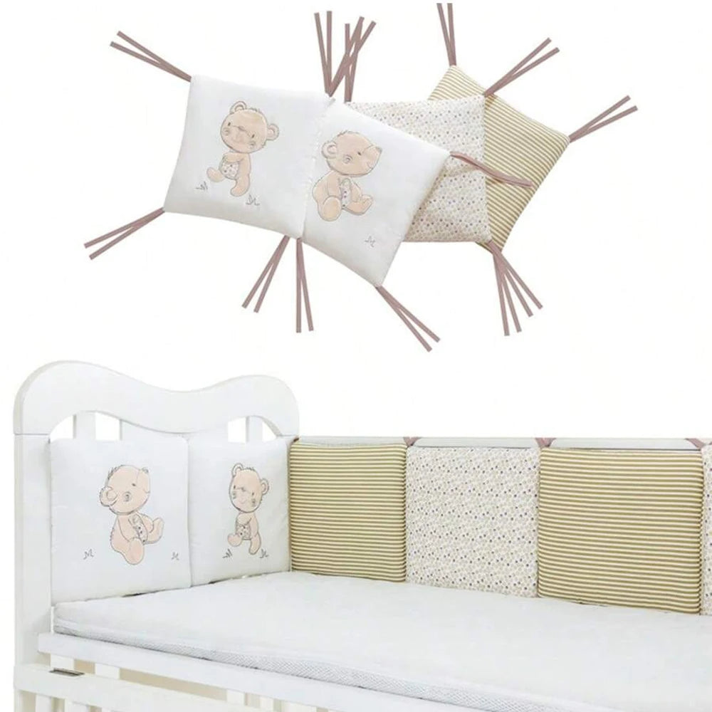 6-piece cotton crib bumper set with teddy bear and striped patterns, shown installed and separately.