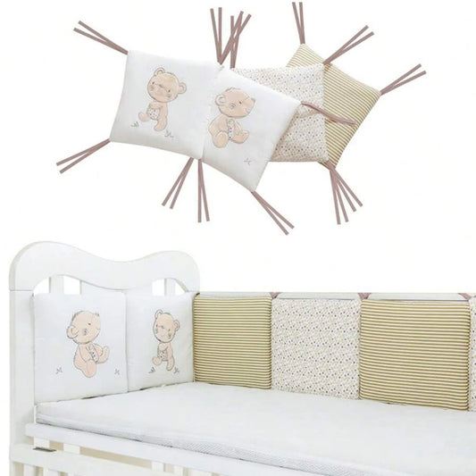 6-piece cotton crib bumper set with teddy bear and striped patterns, shown installed and separately.