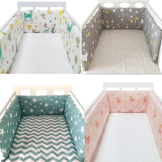 Four crib bumpers in various Nordic designs: forest animals, gray stars, mint chevron with stars, and pink princesses.