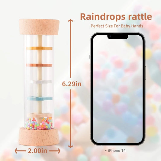 Montessori wooden rain stick rattle with colorful beads, 6.29 inches tall, perfect for baby hands.