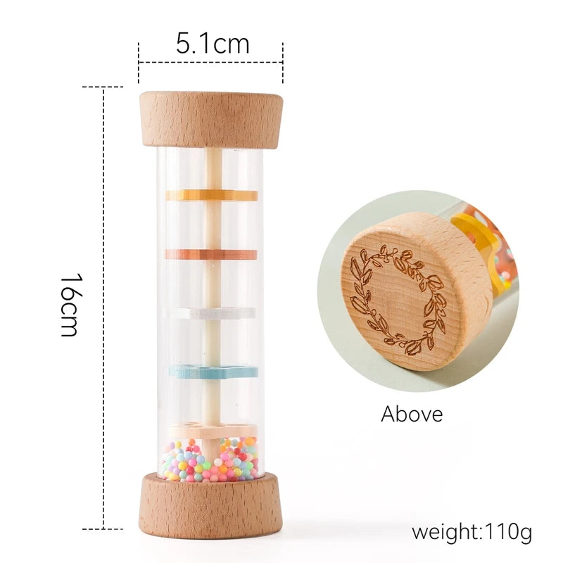 Montessori baby rain stick rattle, clear tube with colorful beads, wooden ends, 16cm tall.