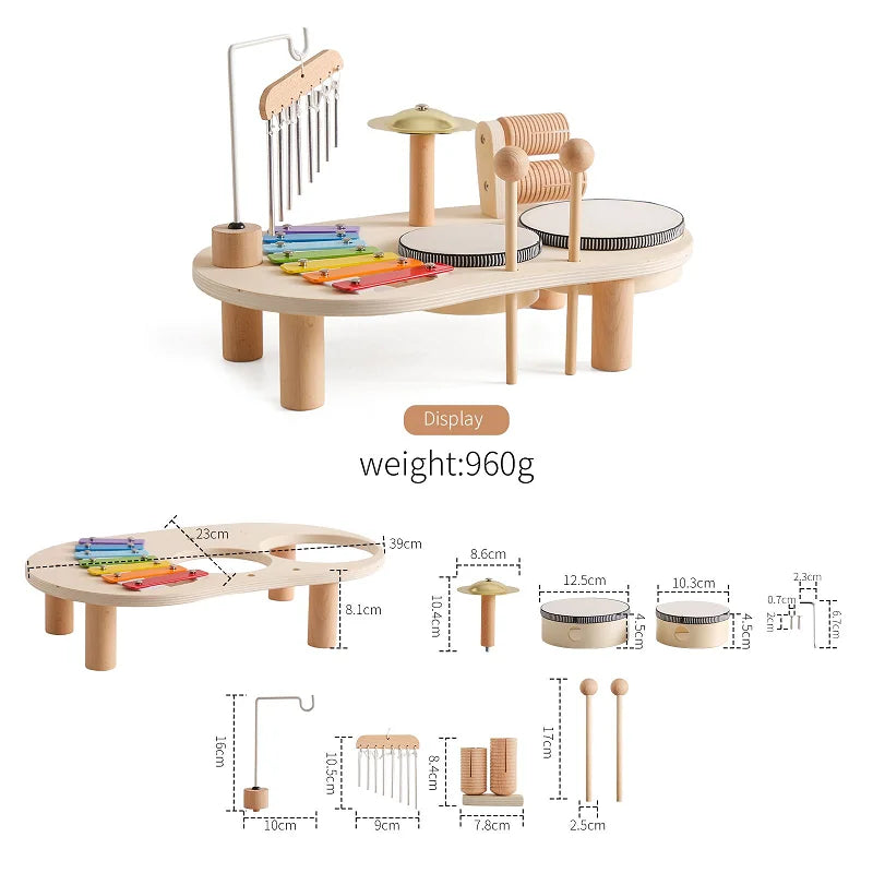 Wooden Montessori musical instrument set with xylophone, drums, cymbals, and chimes.