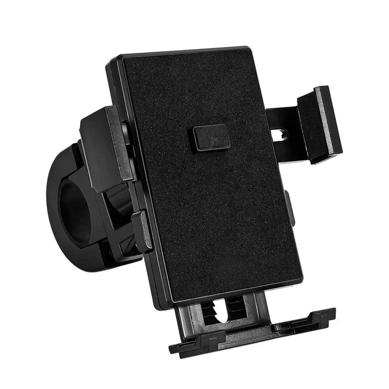 Black universal 360-degree rotating phone holder for strollers, made of durable plastic.