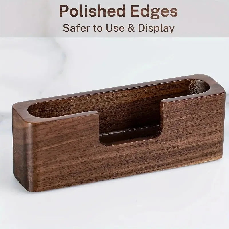 Natural dark wood business card holder with polished edges for desk organization.