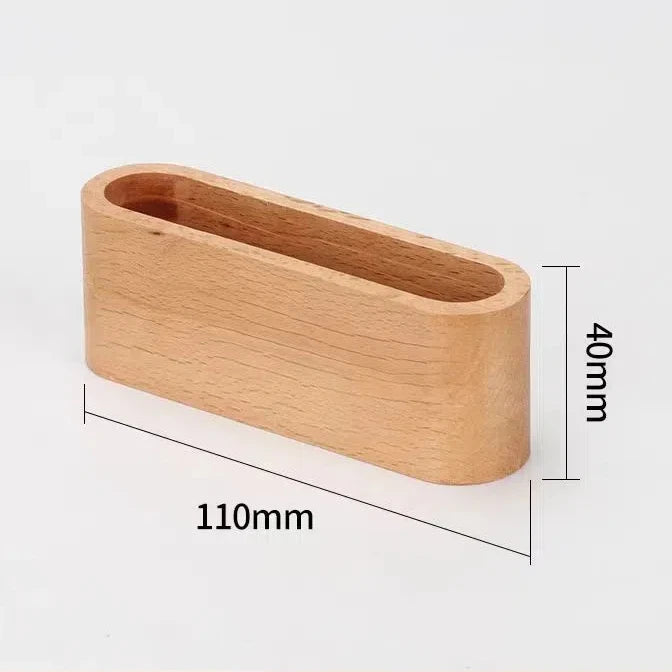 Minimalist natural wood desk organizer for business cards and notes, 110x40mm, oval slot.