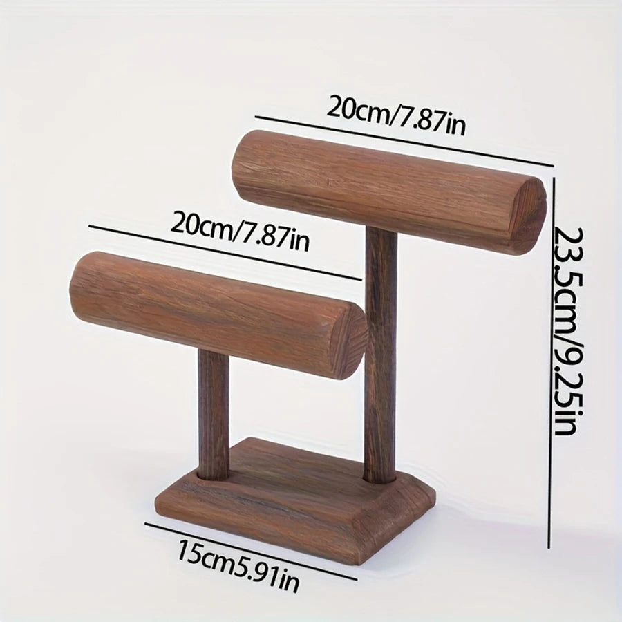 Two-tier dark brown wooden jewelry organizer stand with dimensions for watches, bracelets, and necklaces.