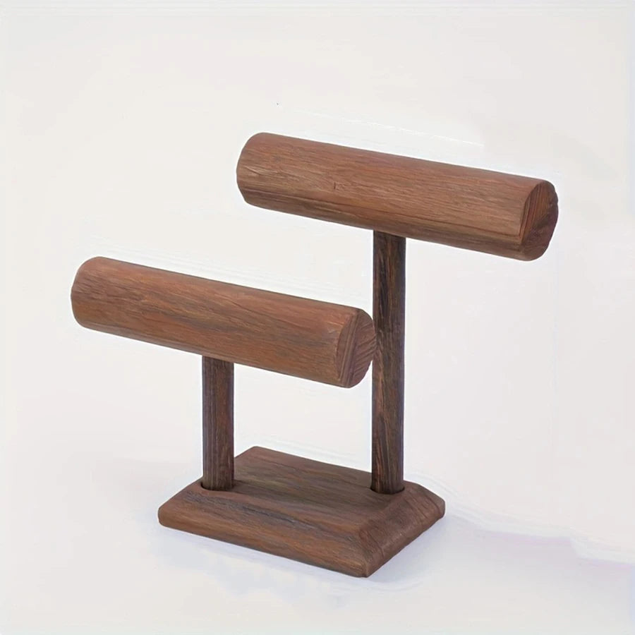 Two-tier dark brown natural wood stand for watches, bracelets, and jewelry, with a rectangular base.