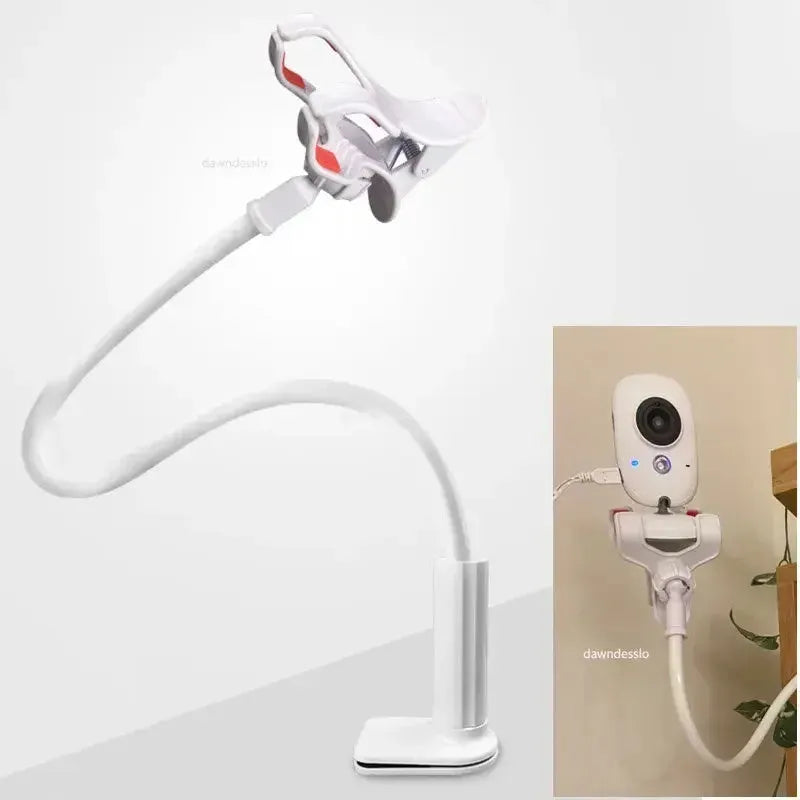 White flexible baby monitor arm with clamp, 75cm long, shown holding a monitor.