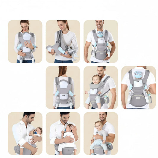 Gray ergonomic multi-position baby carrier with hip seat, shown on parents with infants in various carrying styles.