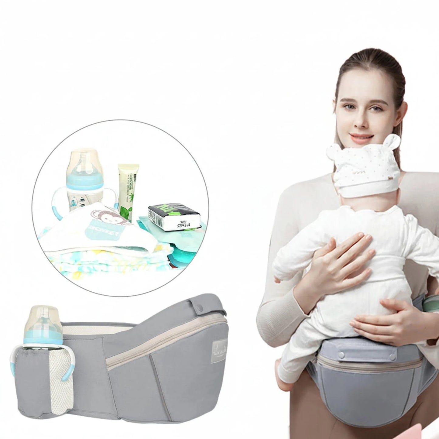Gray ergonomic baby carrier with hip seat, bottle holder, and storage, shown on a mother carrying a baby.