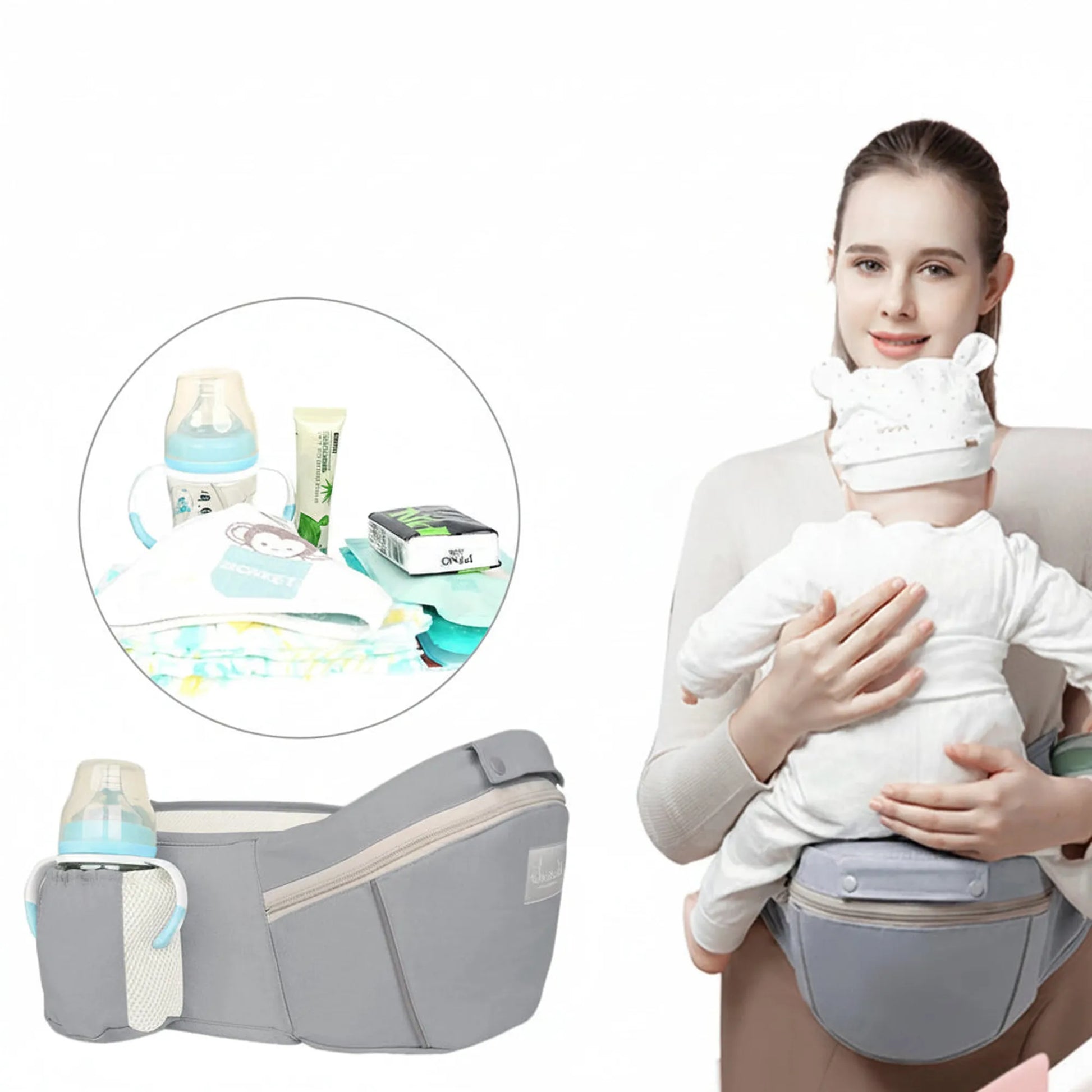 Gray ergonomic baby carrier with hip seat, bottle holder, and storage, shown on a mother carrying a baby.