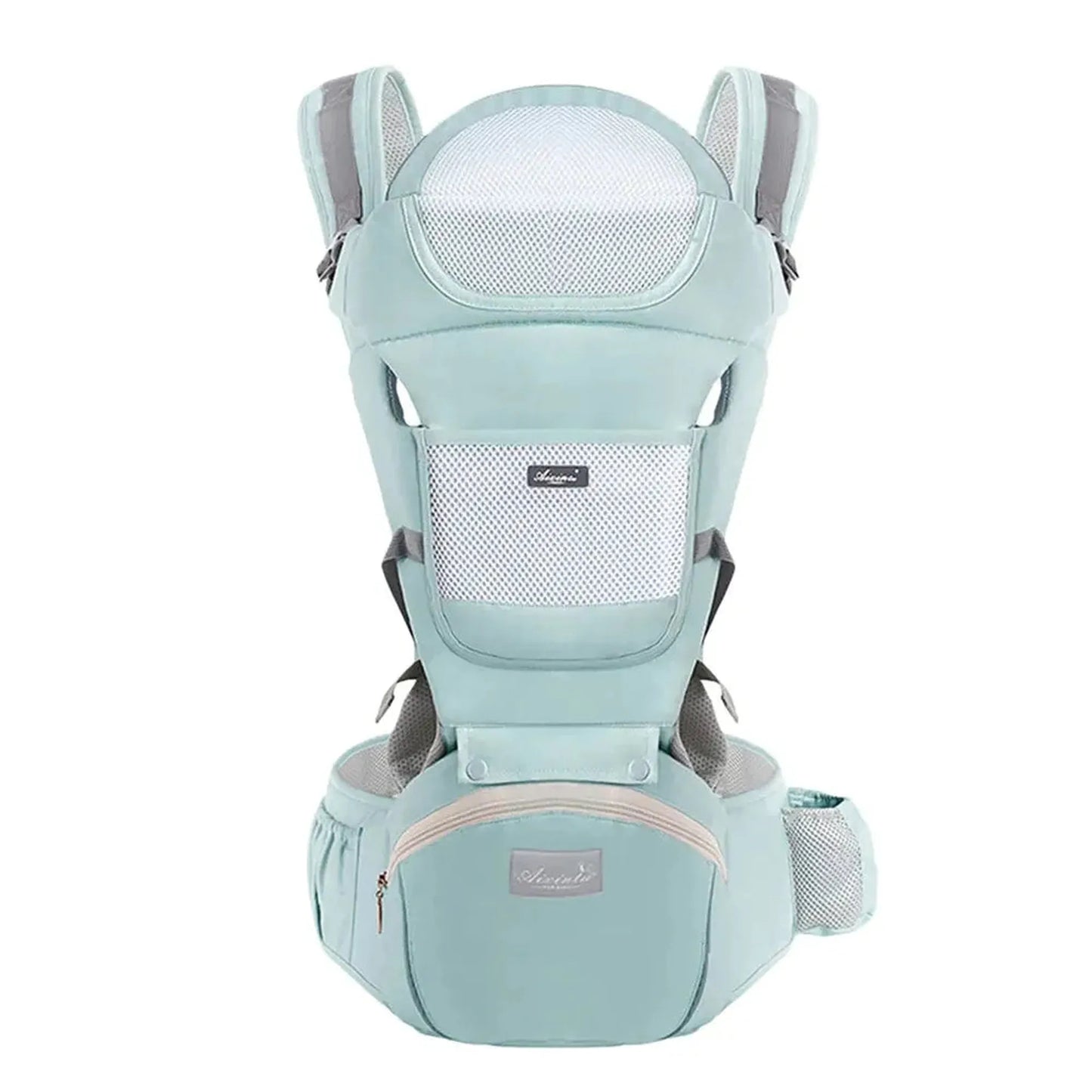 Mint green ergonomic baby carrier with breathable mesh, padded straps, and a hip seat.
