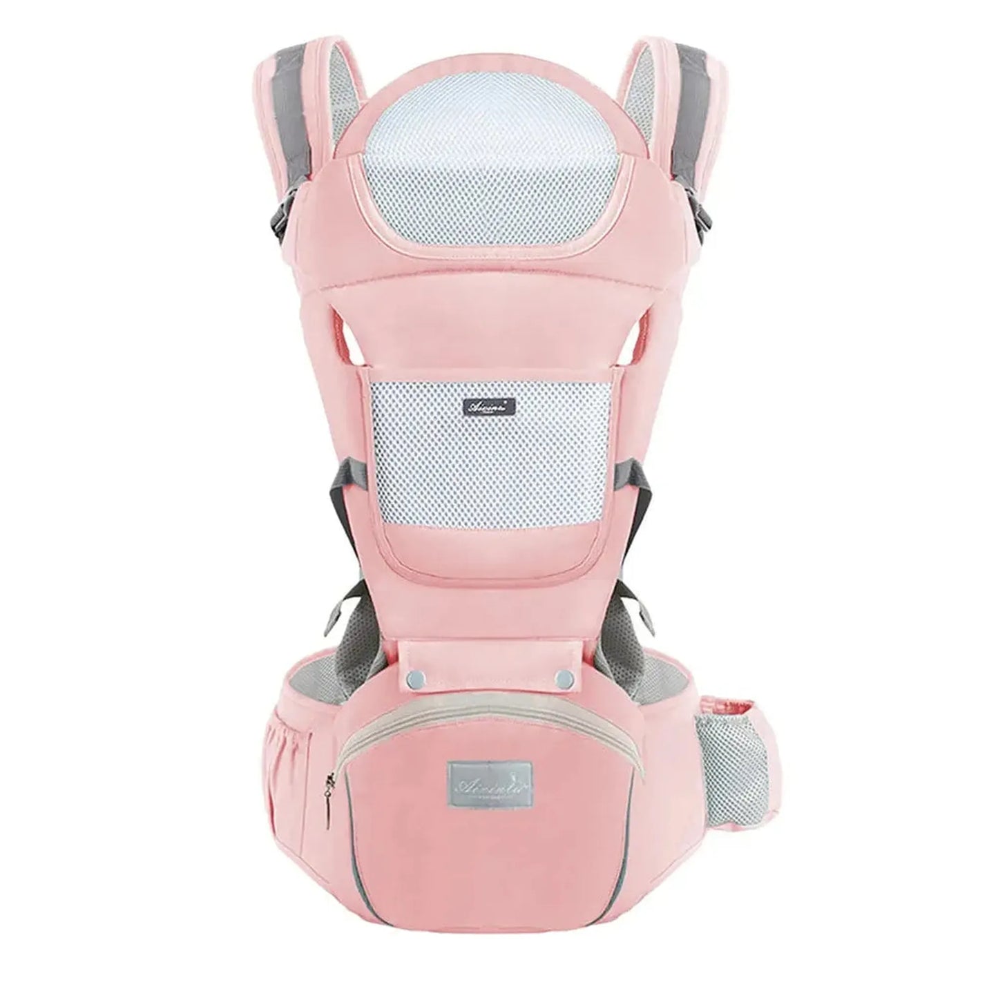Pink ergonomic baby carrier with breathable mesh, padded straps, and hip seat.