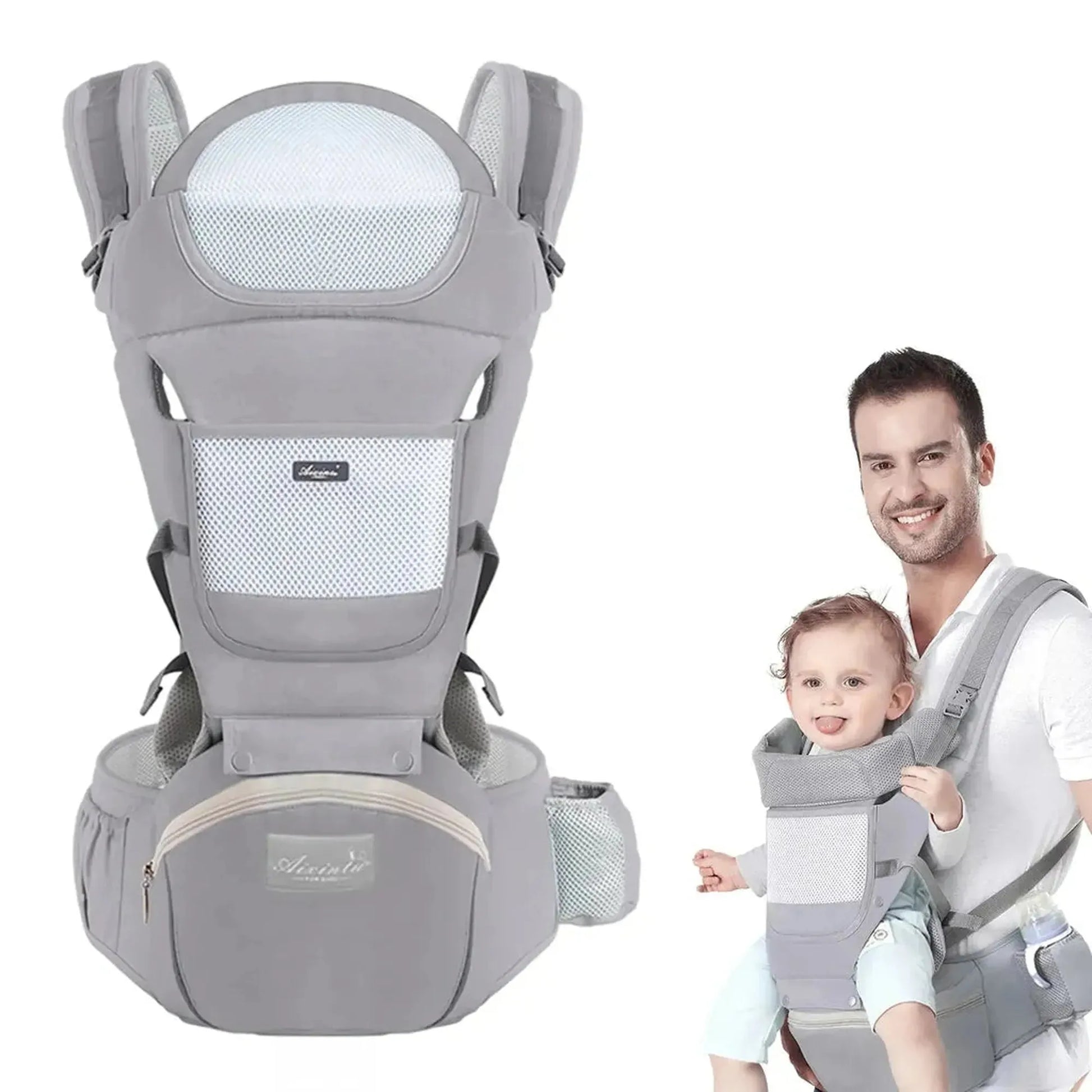 Gray ergonomic baby carrier with breathable mesh, shown alone and worn by a smiling father with his baby.