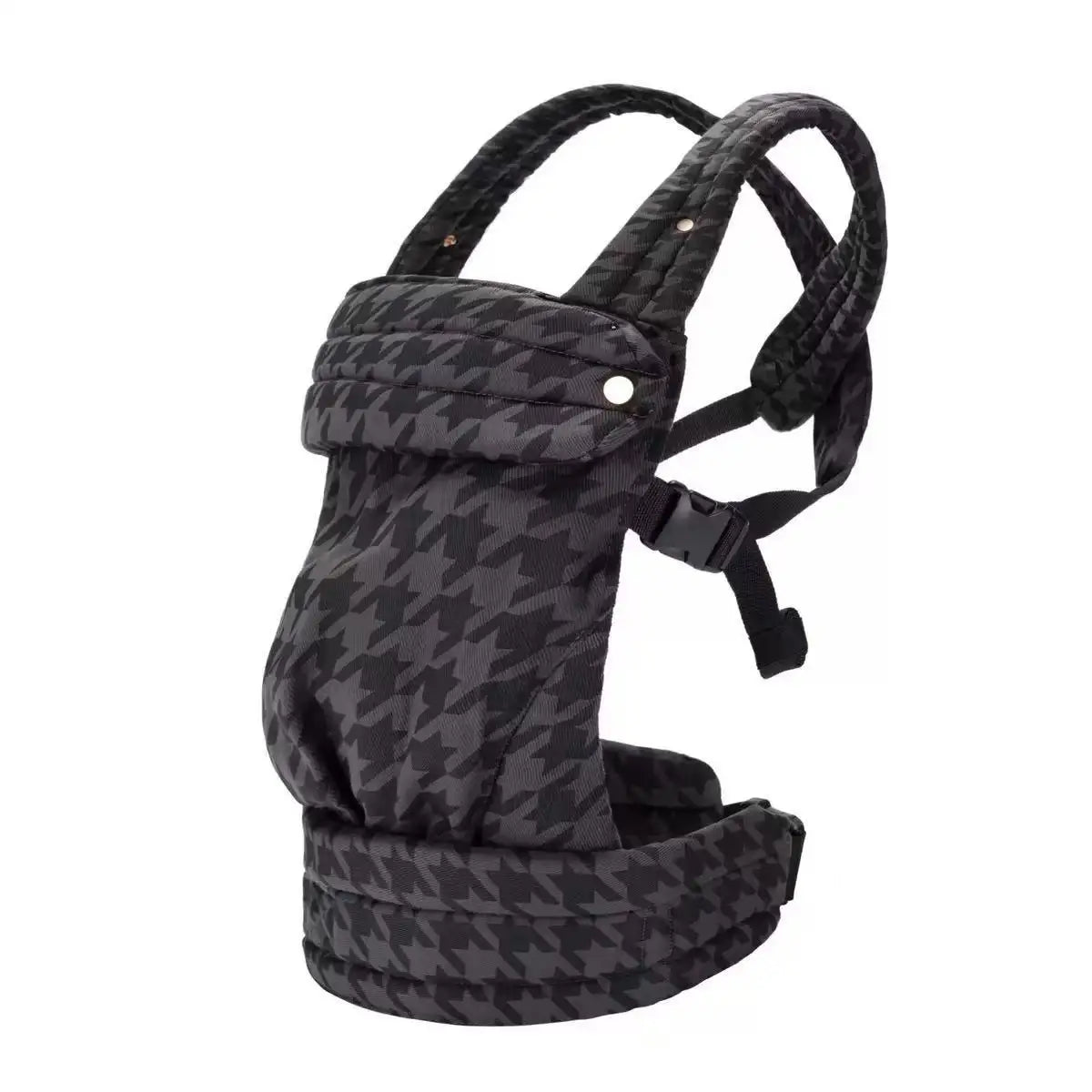 Ergonomic black houndstooth baby carrier with breathable fabric, adjustable straps, and secure buckles.