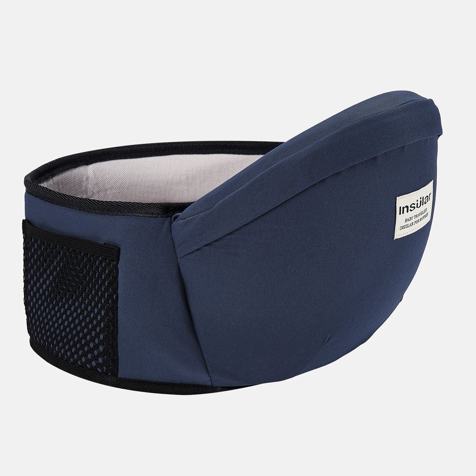 Navy blue ergonomic baby hip seat carrier with adjustable strap and mesh pocket.