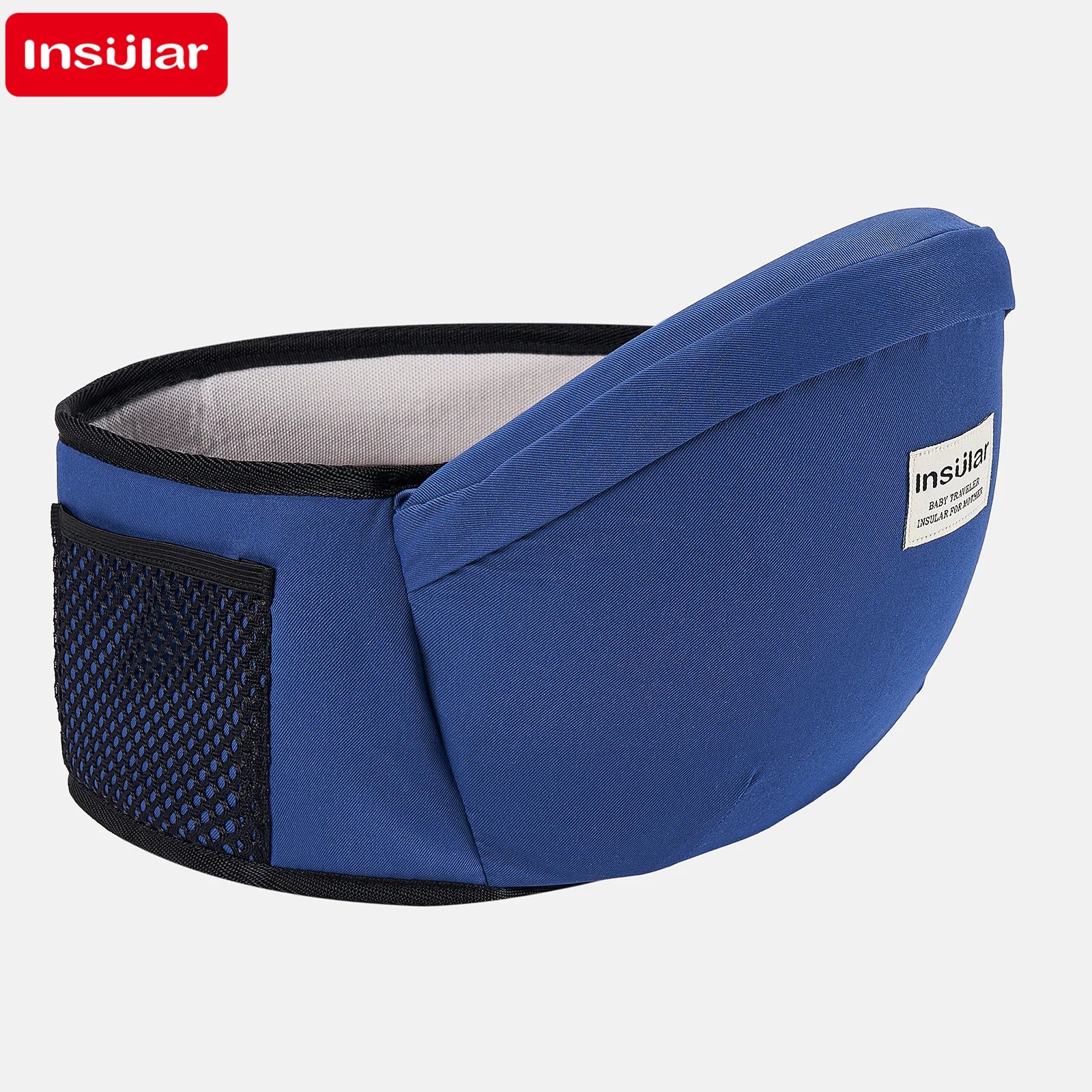 Blue ergonomic baby hip seat carrier with mesh pocket and adjustable waist support.