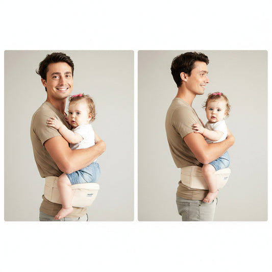 Beige ergonomic baby hip seat carrier in "Hugging" and "Kangaroo" styles, worn by a man.