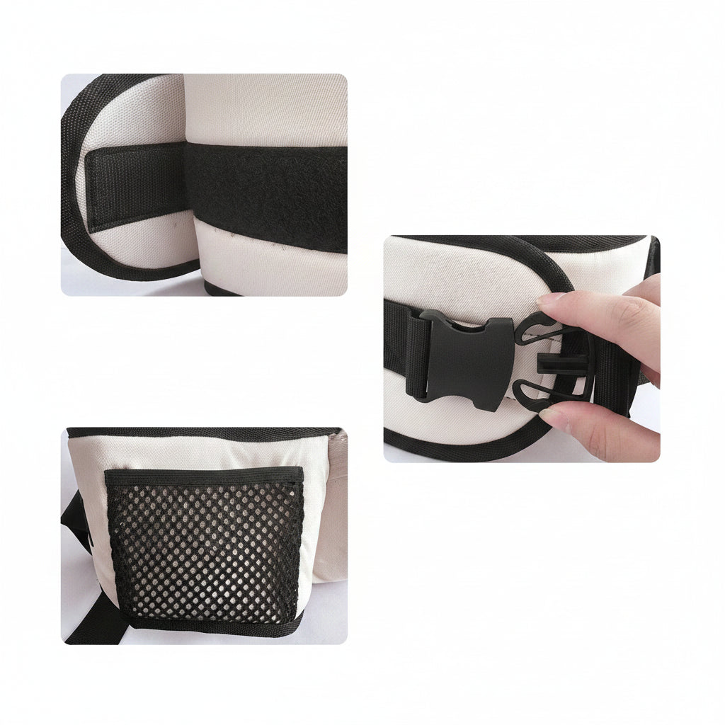 Beige ergonomic baby hip seat carrier with adjustable buckle, wide Velcro, and mesh pocket.