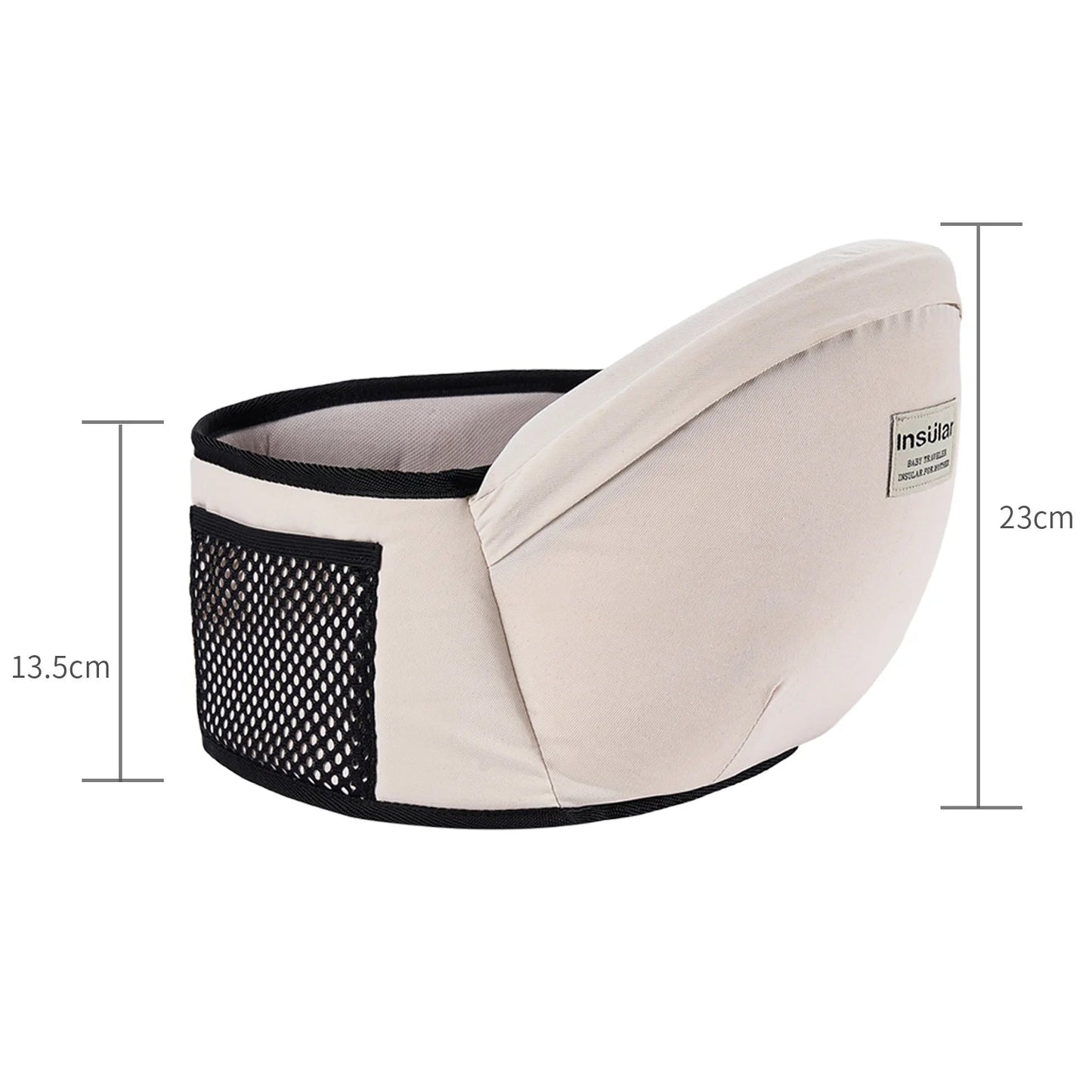 Beige ergonomic baby hip seat carrier with mesh pocket and adjustable waist, showing dimensions.