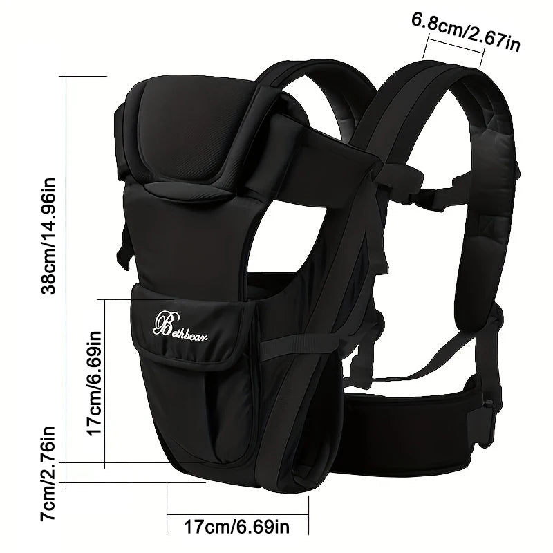 Black ergonomic 4-in-1 baby carrier with padded straps, breathable fabric, and dimensions for infants and toddlers.