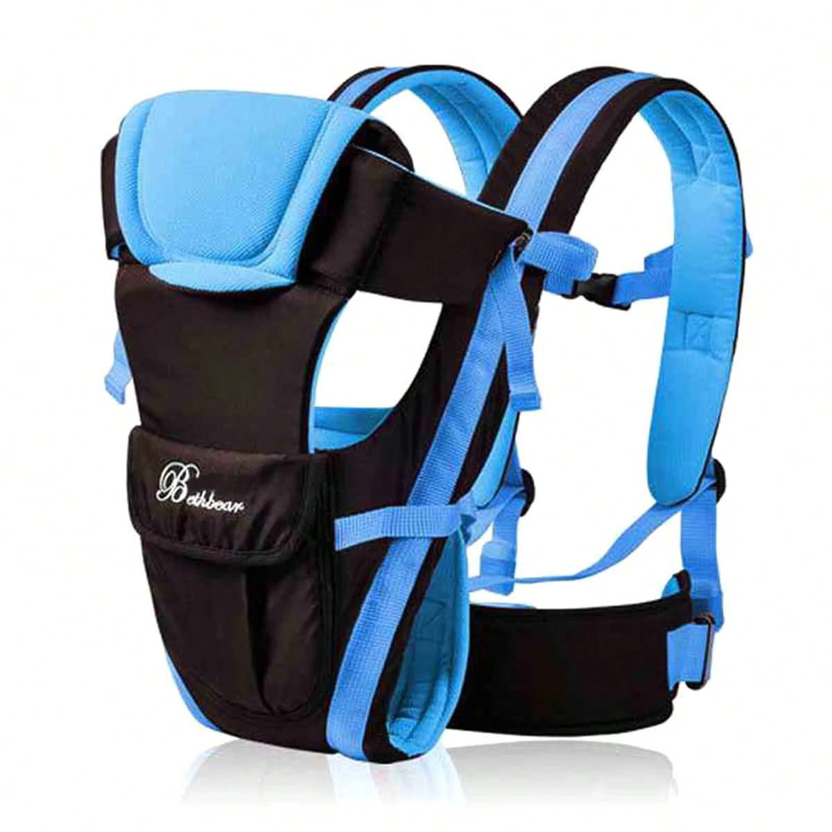 Black and blue ergonomic 4-in-1 baby carrier with padded straps and front pocket.