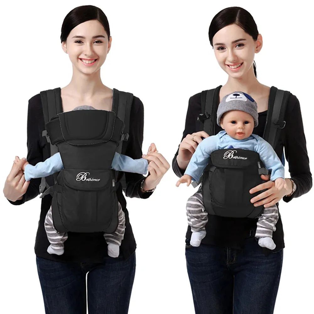 Black ergonomic 4-in-1 baby carrier with adjustable straps, shown on a woman with and without a baby doll.