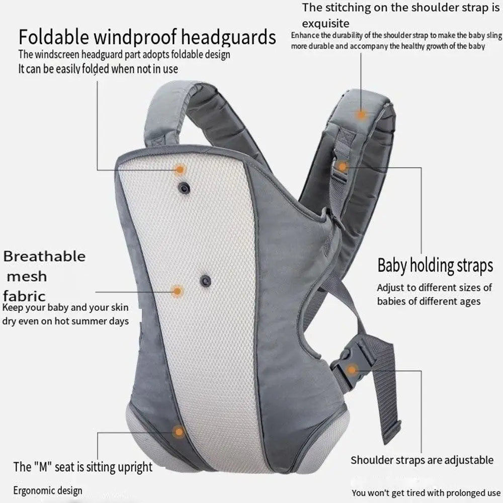 Gray ergonomic baby carrier with breathable mesh fabric, adjustable straps, and foldable headguard.