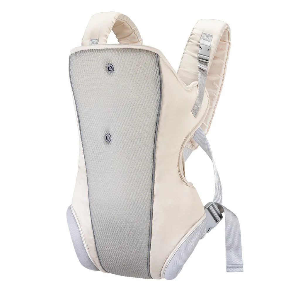 Ergonomic beige and gray baby carrier with breathable mesh panel and adjustable straps.