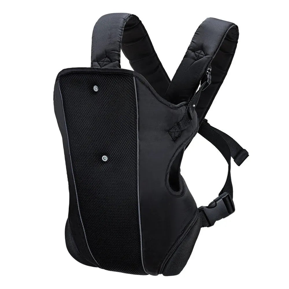 Black ergonomic kangaroo baby carrier with breathable mesh panel, adjustable straps, and secure buckles.