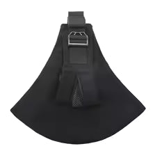 Black ergonomic baby carrier with wide shoulder strap and metal buckle.